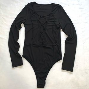 SHEIN SXY Ribbed Lace Up Plunging Neck Bodysuit